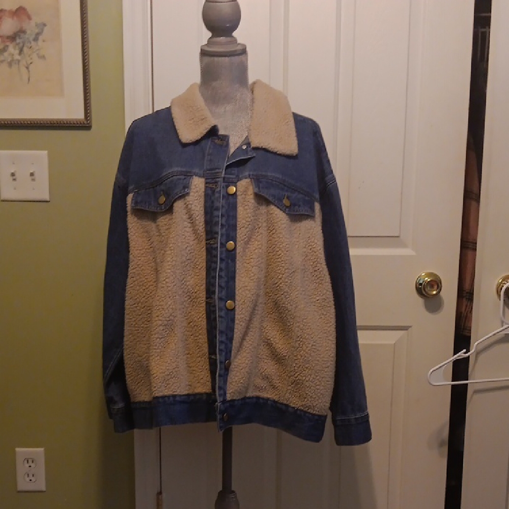 Fashion to Figure Blue Denim and Tan Sherpa Jacket
